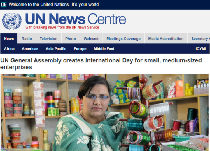 Pantalla de la web de la ONU con la gacetilla del día internacional de las PyMEs